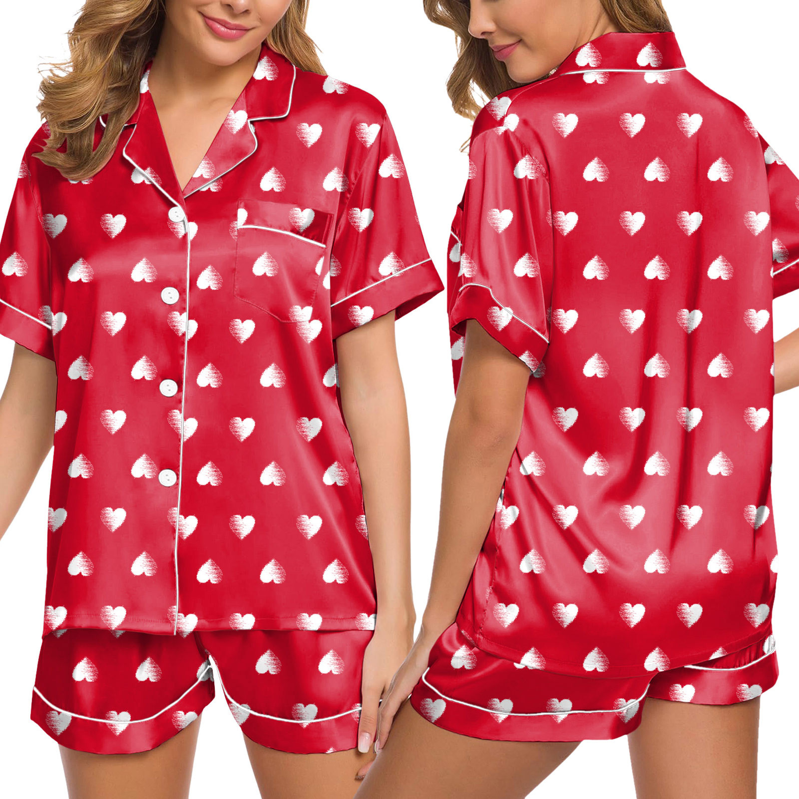 thumbnail image 3 of Conjunto de pijama de satén de seda para mujer - 2 piezas con camisa abotonada y pantalones - Ropa de estar por casa suave y transpirable, 3 of 5